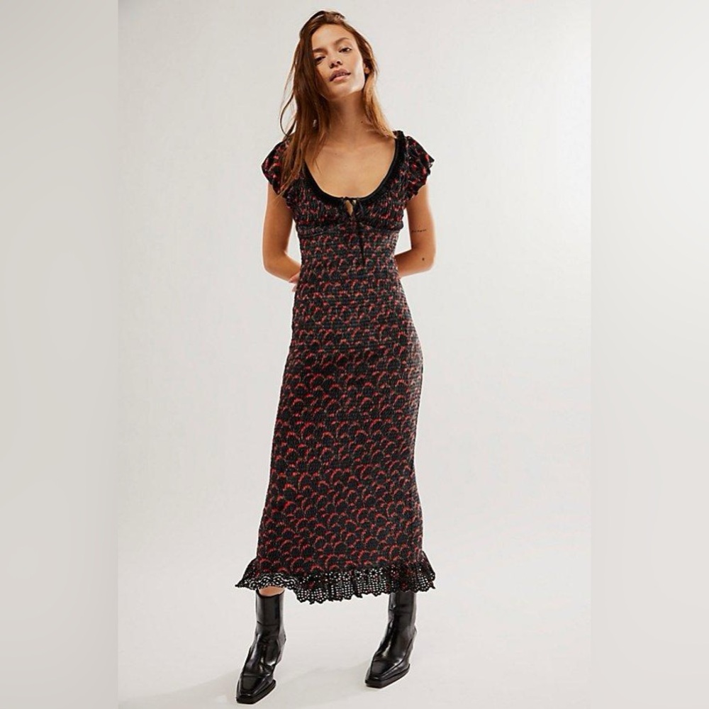Free People Black and Red Smocked Velvet Midi Dress